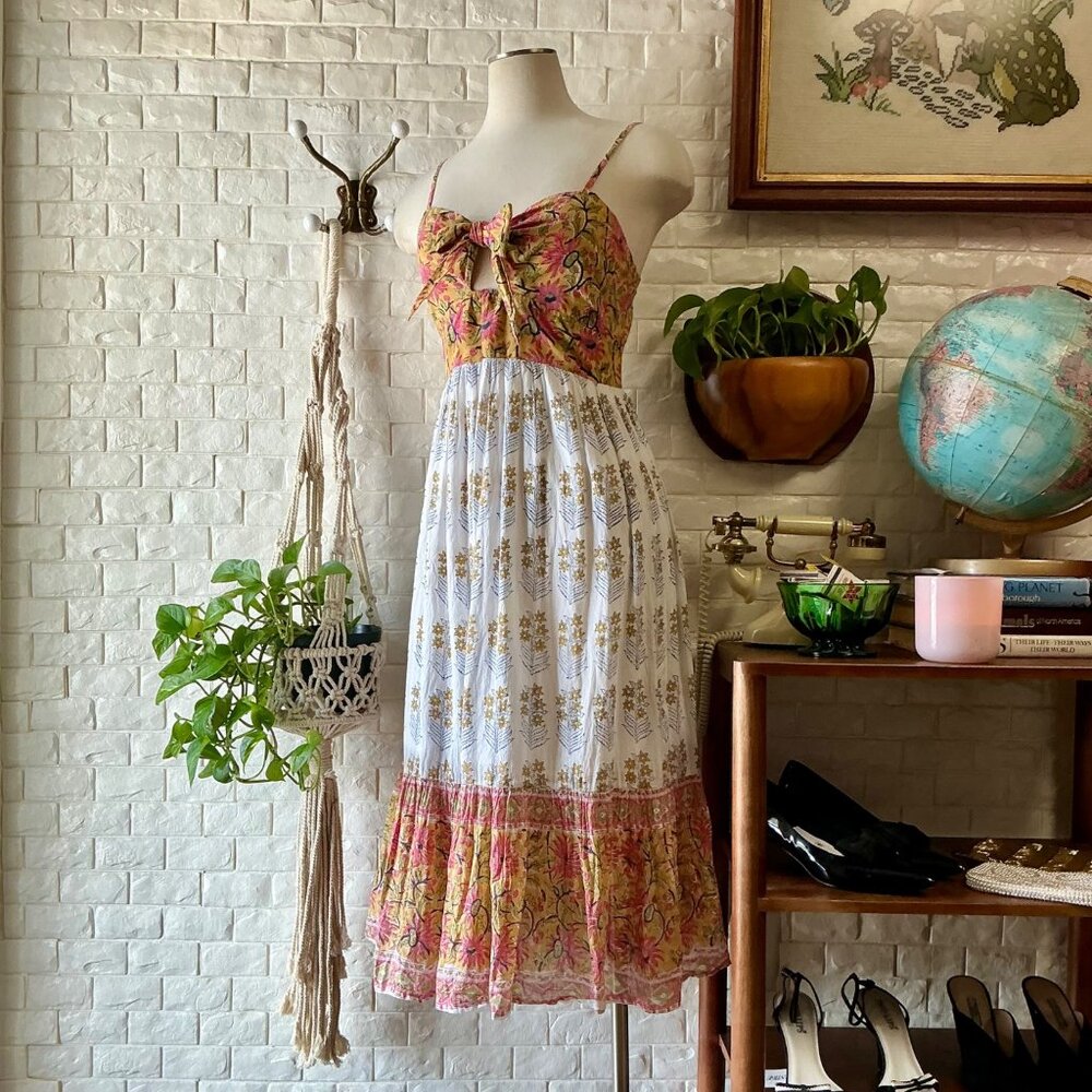 Perry Walker Collective Calli Midi Dress Pink Yellow Floral Boho Cottage